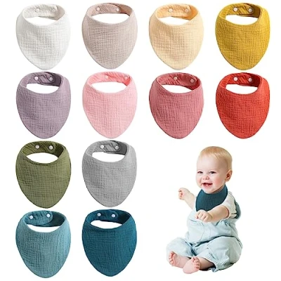 Immagine di Bavaglino Neonato, 12 Pezzi Bavaglini Neonato 100% Cotone Biologico, Bandana Bimbo con 2 Bottoni a Pressione, Bambino Drool Bavaglini, Assorbenti Morbidi per Ragazzi Ragazze