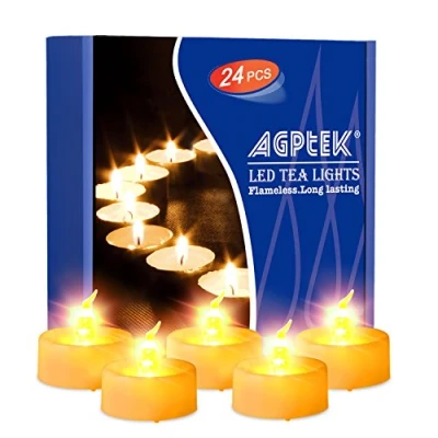 Immagine di AGPTEK Funzione timer, 24 candele a LED senza fiamma, con CR2032 e batteria sostituibile, giallo caldo, confezione da pezzi, luce tremolante, bianco caldo