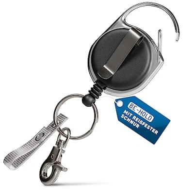 Immagine di Be Hold clip portabadge a yo con molla extra potente e cordino resistente, versatile, per cintura, anello portachiavi linguetta rinforzo tessile, varie possibilità di fissaggio