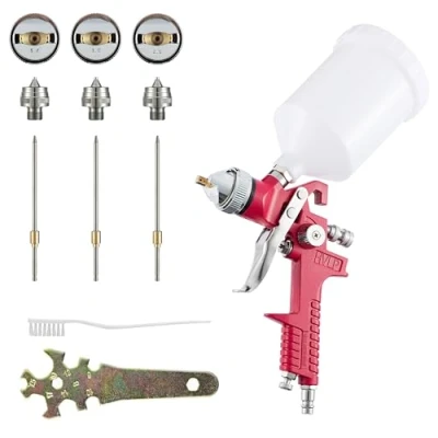 Immagine di BenBow Kit Pistola per verniciare a spruzzo HVLP con Tazza in Plastica da 600 ml e Corpo Alluminio Verniciatura ad Alta Precisione Set di Ugelli 1,4 mm + 1,8 2,5