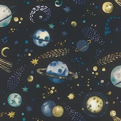 Immagine di Rasch carta da parati 300956 in tessuto non blu scuro con motivo spaziale e pianeti; per cameretta dei bambini, 10,05 m x 0,53 (lunghezza larghezza)