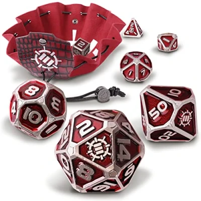 Immagine di ENHANCE DND Set di Dadi in Metallo poliedrici da 7 Pezzi con Borsa per Pelle vegana 2 1 e Vassoio Dadi, D&amp;D Solido (Edizione Collezione Rosso)