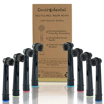Immagine di Envirodental Testine di ricambio ecologiche, completamente riciclabili, confezione da 8 pezzi, con setole carbone attivo, per spazzolini denti elettrici