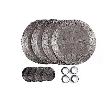Immagine di Penguin Home® Set di 12 tovagliette, sottobicchieri e portatovaglioli con perline in vetro, colore argento antico, tovagliette rotonde, realizzate a mano da abili artigiani indiani, diametro 32 cm