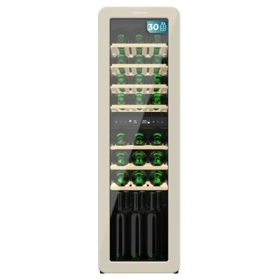 Immagine di Cecotec Cantinetta 30 Bottiglie Retrò Bolero Grandsommelier Origin Duo Hit Beige. Finitura Nera Con 2 Zone Di Temp. (5 12ºC, 12 20ºC), Controllo Led, NoFrost, Ripiani In Legno, Luce Interna