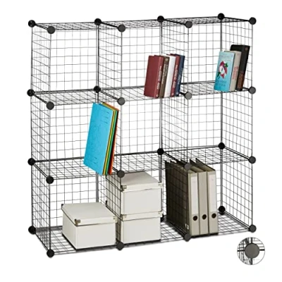 Immagine di Relaxdays Scaffale Componibile Rete Metallica, 9 Scomparti, DIY, Cubi in Ferro a Griglia, Scarpiera, 35 x cm, Nero