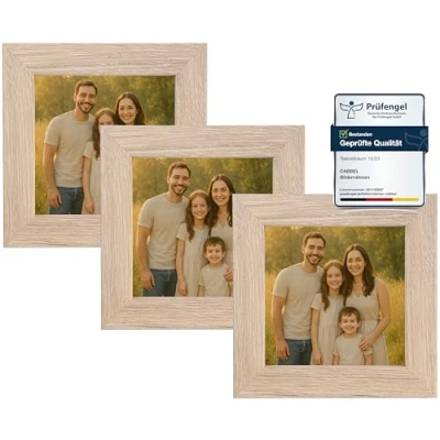 Immagine di CABBEL cornice portafoto 10 x cm, in MDF, vetro acrilico infrangibile, naturale, confezione da 3 pezzi, quadrata appoggiare o appendere, moderna e stabile