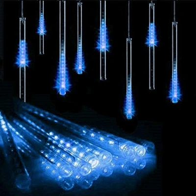 Immagine di HULX Luci della Pioggia di Meteoriti del LED, 30cm 8 Tubi 144LED Stringa Solare da Cadenti Impermeabili con Modalità (Blu)