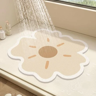 Immagine di tappetino da doccia rotondo con fiore, per interna, bagno in luffa PVC, antiscivolo anti muffa scarico, ad asciugatura rapida (beige, 50 x cm)