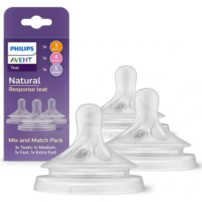 Immagine di Philips Avent Natural Response Mix &amp; Match Teat Pack, 3 tettarelle con diverse velocità di flusso: medio (f 3), veloce 4) e ultraveloce 5), confezione da 3, SCY960/03