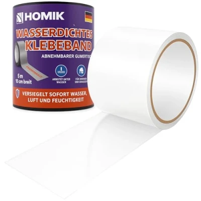 Immagine di HOMIK Nastro Adesivo Impermeabile Trasparente Estremamente Resistente per uso Esterno e Interno, Impermeabile, 10cm x 5m, ai Raggi UV, Autosaldante