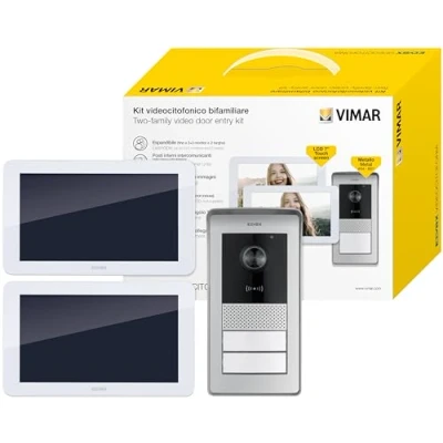 Immagine di VIMAR K42936 Kit videocitofono multifamiliare, videocitofoni touch screen, alimentatore barra DIN, targa con lettore RFID 2 pulsanti, staffe per fissaggio
