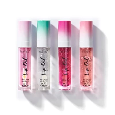 Immagine di Technic Set di oli per le labbra 4 aromatizzati, non appiccicosi e idratanti con effetto lucido Confezione multipla aromi assortiti Fragola, menta, ciliegia, arancio