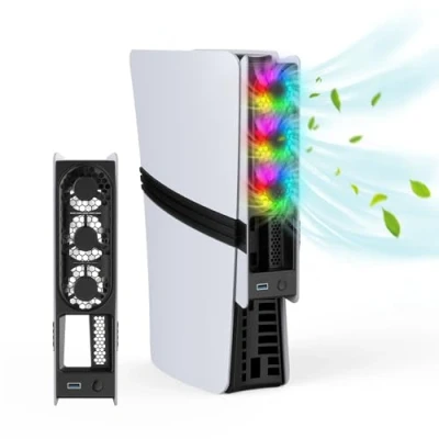 Immagine di Growalleter Ventola di raffreddamento per console PS5 Pro/Slim, ad alta velocità con controllo automatico della temperatura, basso rumore, illuminazione RGB e porta USB 3.0