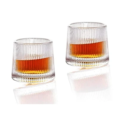 Immagine di Earnmore Set di 2 bicchieri da whisky a forma decompressione girevoli, stile antico bar, borbonico per scotch, rum (texture verticale, 160ml)