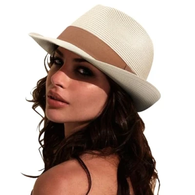 Immagine di DRESHOW Donna Cappello Panama da Spiaggia in Paglia Fedora Arrotolato a Tesa Larga Cappelli UPF 50+