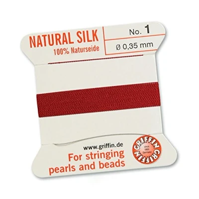 Immagine di GRIFFIN Cordino/corda/filo, 100% in seta naturale, per infilatura di perle o perline, colore rosso granato, 2 metri, con ago incluso, 13 dimensioni, Red, 0.35mm