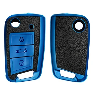 Immagine di kwmobile Cover Coprichiave Compatibile con VW Golf 7 MK7 3 Tasti Foderina Chiave Auto Effetto Pelle Bumper Antiurto e Protezione blu/nero