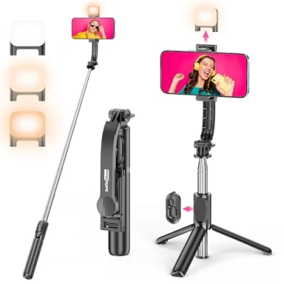 Immagine di Bastone Selfie Treppiede con Luce di Riempimento, 107 CM Stick Estensibile Telecomando &amp; Supporto Telefonico, Smartphone da Viaggio Portatile Compatibile iPhone16/15/Samsung