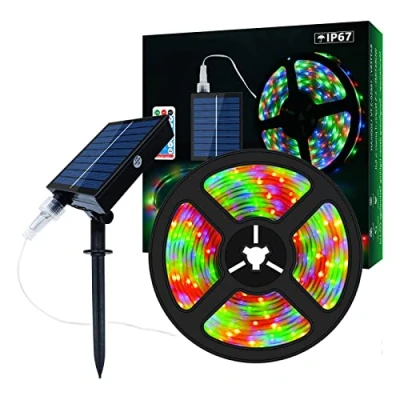 Immagine di Strisce LED Solari per Esterni, 10m 560 Striscia Cambia Colore RGB ad Energia Solare con 8 Modalità di Illuminazione IP67 Luci Decorative Impermeabili Piscina Alberi da Giardino…