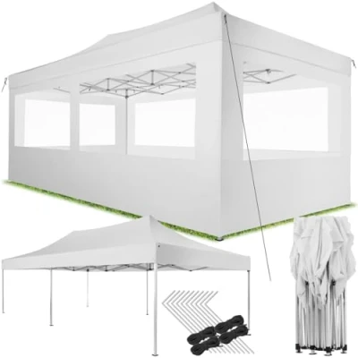 Immagine di tectake® Gazebo Richiudibile Pieghevole a Fisarmonica, 6x3 m, Alluminio, 100% Impermeabile, 4 Parti Laterali, Picchetti e Sacca, Esterno Resistente, Esterno, Bar, Struttura Resistente Bianco