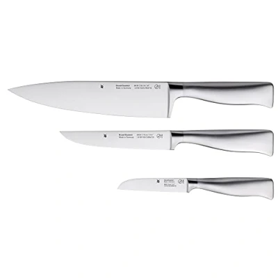 Immagine di WMF Grand Gourmet, Set Coltelli 3 pezzi, Coltello chef 20 cm, utility 14 spelucchino 9 Lama speciale forgiata a mano lunga durata, acciaio inossidabile Cromargan® 18/10
