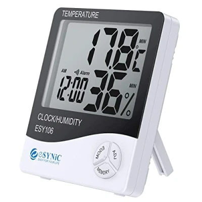 Immagine di eSynic Termometro digitale per interni, igrometro, con schermo LCD, sveglia, casa e ufficio 1 pezzo.