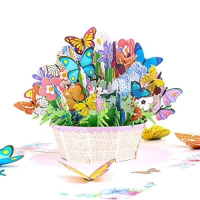 Immagine di Favour Pop Up® Biglietto in 3D Con uno splendido cesto di fiori, per un compleanno, augurio pronta guarigione o caro saluto. cartoncino a scorrimento su cui scrivere. TL094