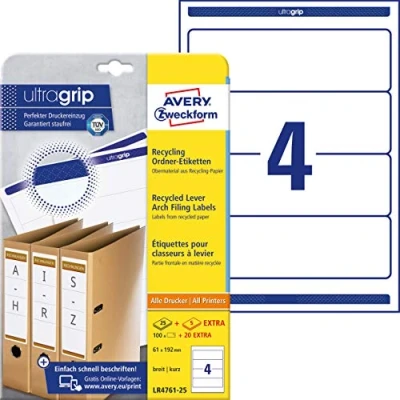 Immagine di Avery Zweckform Etichette LR 4761 25 Cartellina portadocumenti in carta riciclata, 61 x 192 mm, fogli, 100 etichette, colore: bianco