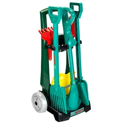Immagine di Theo Klein 2751 Carrello da giardino Bosch 7 pezzi, Set con attrezzi giardinaggio per bambini, Include un tagliaerba, 33,5 cm x 18 56,5 cm, Giocattoli bambini dai 3 anni in su