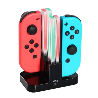 Immagine di Stazione di ricarica per Nintendo Switch con indicatore LED, caricabatterie Joy 4 in 1 cavo USB C, nero