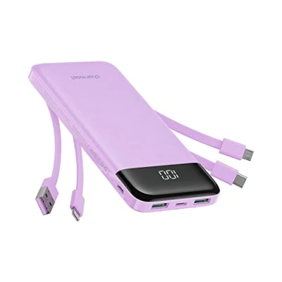 Immagine di Charmast Power Bank 10000mAh con Cavi Integrati,Caricatore Portatile USB C 5V/3A Powerbank LED Display 6 Uscite e 3 ingressi per iPhone Samsung Huawei Xiaomi (viola)