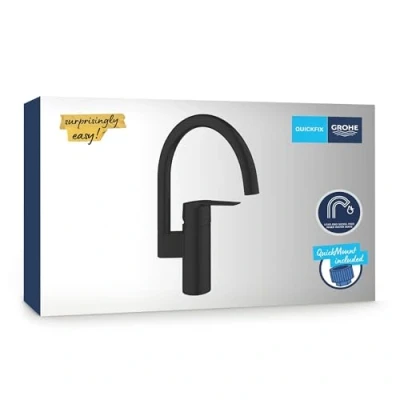 Immagine di GROHE Start QuickFix Miscelatore per lavello da cucina monocomando (bocca a C, cartuccia in ceramica 35 mm, attacchi 3/8 pollici, facile montare con QuickMount), nero opaco, 304692430