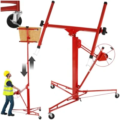 Immagine di tectake® Alzalastre per Cartongesso, Alzapannelli Cartongesso con Supporto, Dispositivo di Sollevamento, Strumento Sollevamento Regolabile, Porta Lastre, Richiudibile e Salvaspazio Rosso