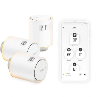 Immagine di Netatmo Pack 3 Teste termostatiche connesse e intelligenti, accessorio per termostati connessi valvole radiatori, NBU NAV EU