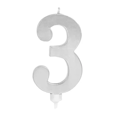 Immagine di 1 pezzo Candela grande di compleanno (numero 3) colore argento con effetto metallizzato 11 cm e supporto 4 cm, decorazione per torte, compleanno, anniversario matrimonio, festa