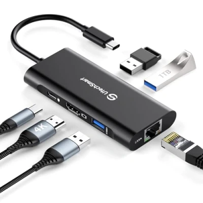 Immagine di Hub USB C, UtechSmart 6 in 1 adattatore da C a HDMI con 1000M Ethernet, porta di ricarica PD 100W, 3 porte 3.0 compatibile MacBook Pro, Chromebook e dispositivi (nero)