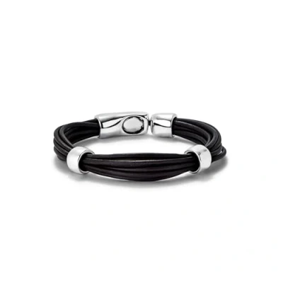 Immagine di Bracciale cuoio con 2 circonferenze placcate argento sterling