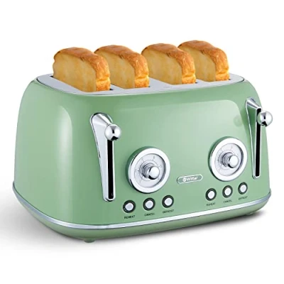 Immagine di Wiltal tostapane a 4 fette con fessura lunga, alloggiamento in acciaio inox, coperchio integrato, grado di doratura 1 6, cassetto raccoglibriciole, retrò, verde…