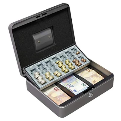 Immagine di ARREGUI Cashier C9246 EUR Cassetta di sicurezza con chiave per trasportare denaro Portavalori in acciaio vassoio Portamonete e Banconote Cassaforte portatile larghezza 30 cm Grigio