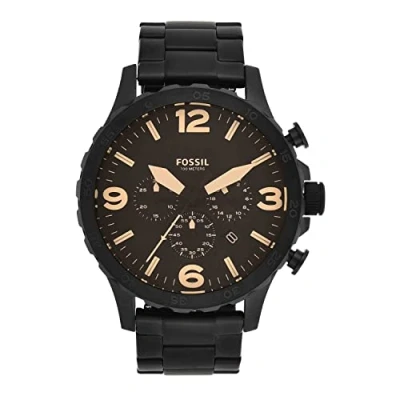 Immagine di Fossil Orologio Nate da uomo, movimento cronografo al quarzo, cassa in acciaio inossidabile Nero 50 mm con bracciale inossidabile, JR1356, e marrone