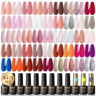 Immagine di ROSALIND 48Pz Smalto Semipermanente Unghie, 45 Colori Mini Nudo Rosa Marrone Rosso Traslucido Glitter per Unghie in Gel UV LED Soak Off Novice Nail Art DIY