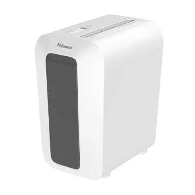 Immagine di Fellowes distruggi documenti a frammento LX65, 10 fogli, per casa e piccolo ufficio, uso personale, cestino da 22 litri, distruggidocumenti con tecnologia Safesense, bianco