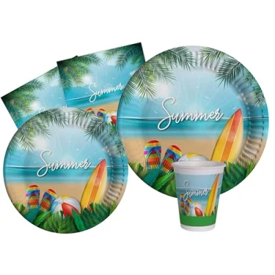 Immagine di Kit Party Tavola Summer per 24 persone (112 pezzi: piatti Ø23cm, Ø18cm, bicchieri 200ml, 40 tovaglioli 33x33cm) in carta compostabile eco friendly