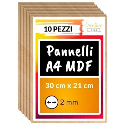 Immagine di Creative Deco 10 x A4 MDF Pannelli in Legno Fogli 300 210 2 mm Fai da Te Perfetto per Taglio Laser, CNC Router, Modellare, Traforato