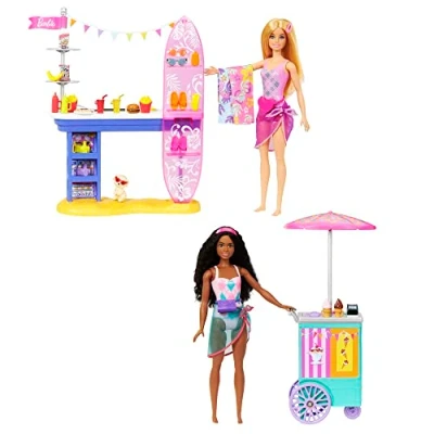 Immagine di Barbie Passerella sulla Spiaggia, playset con Bambole Brooklyn e Malibu, Un chiosco, Punto di ristoro, Cucciolo 30+ Accessori Inclusi, Giocattolo per Bambini, 3+ Anni, HNK99