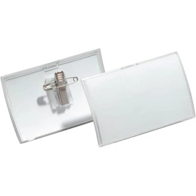 Immagine di Durable 821119 Portanome Click Fold con Combi Clip, Spilla e Clip a Coccodrillo, Convesso, Apertura Scatto, 40 x 75 mm, Trasparente, Confezione da 25 Pezzi