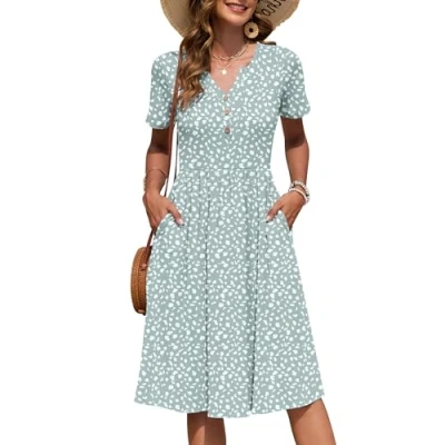 Immagine di AUSELILY Vestito Estivo a Maniche Corte da Donna Abito Casual Scollo V al Ginocchiocon Bottoni con Tasche Punto Verde M