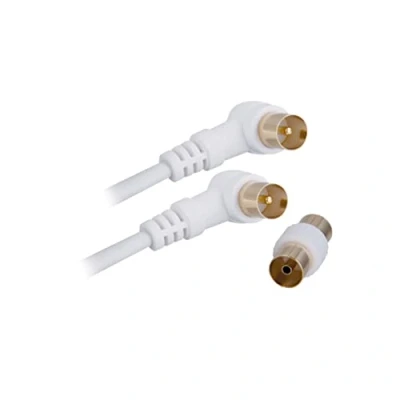 Immagine di APM cavo TV Antenna 9,52 mm, a gomito 2 metri, connettori oro maschio/maschio, coassiale 90 bianco con adattatore femmina/femmina incluso, compatibile decoder TNT spina parete