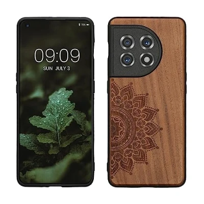 Immagine di kwmobile Custodia Compatibile con OnePlus 11 Cover Back Case in Legno Bumper Silicone TPU Sole marrone scuro